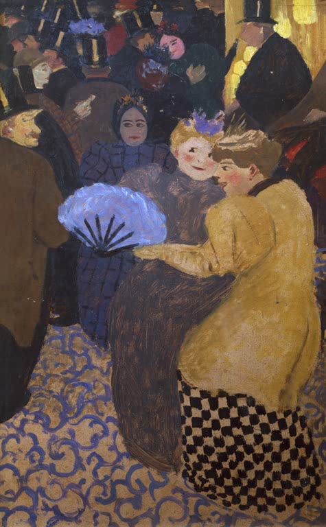 Félix Vallotton In der Music-Hall Kunstkopie, dicht gedrängtes Publikum mit blauem Fächer und gelber Jacke im Foyer
