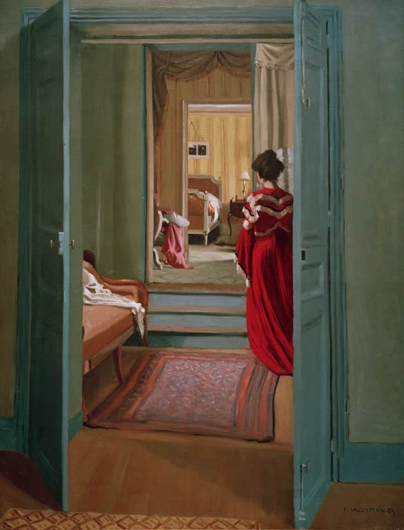Félix Vallotton Interieur mit Frau in Rot Kunstkopie, Rückenfigur im roten Gewand vor offenen Flügeltüren