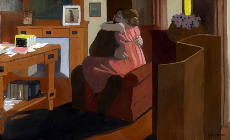 Félix Vallotton Interieur mit Liebespaar Kunstkopie, umarmendes Paar im Sessel neben Paravent, Schreibtisch und Anrichte