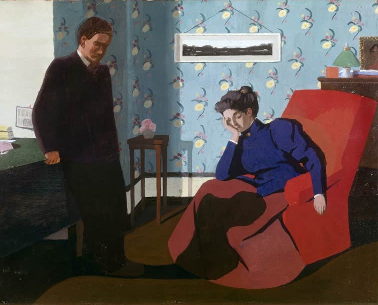 Félix Vallotton Interieur mit rotem Sessel und Figuren Kunstkopie, Frau im roten Sessel vor blauer Tapete mit Blüten