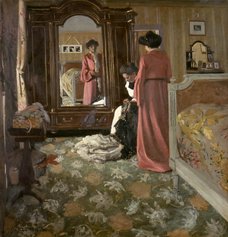 Félix Vallotton Interieur Kunstkopie, Schlafzimmer mit Spiegelschrank, zwei Frauen und gemustertem Teppich