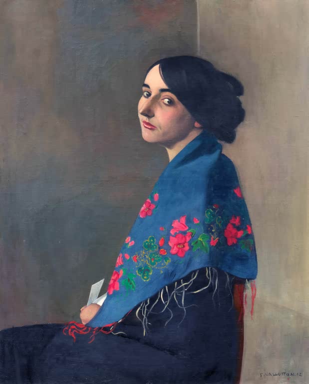 Félix Vallotton Junge Frau mit blauem Schultertuch Kunstkopie, sitzende Dreiviertelfigur mit Brief und rosa Blumenmuster