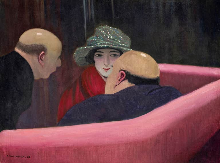 Félix Vallotton Junge Frau mit Glitzerhut zwischen zwei Herren Kunstkopie, Frau mit Hut und zwei Glatzköpfe auf rosa Sofa