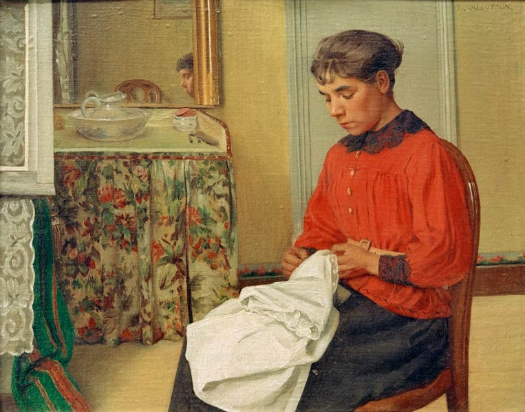 Félix Vallotton Junge Näherin Kunstkopie, junge Frau in roter Bluse näht am Fenster, im Hintergrund Waschtisch mit Spiegel