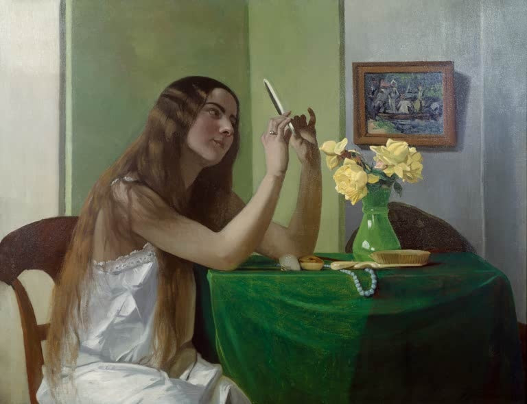 Félix Vallotton Junges Mädchen mit Spiegel und gelben Rosen Kunstkopie, Frau mit langem Haar am grünen Tisch
