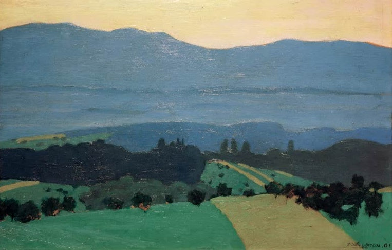 Félix Vallotton Jura-Landschaft bei Romanel Kunstkopie, grüne Hügel und blaue Bergketten unter gelbem Abendhimmel