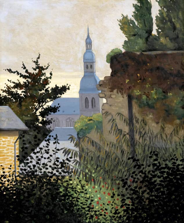 Félix Vallotton Kirchturm von Dinan Kunstkopie, blauer Turm hinter Mauer, Blattwerk und roten Beeren im Abendlicht