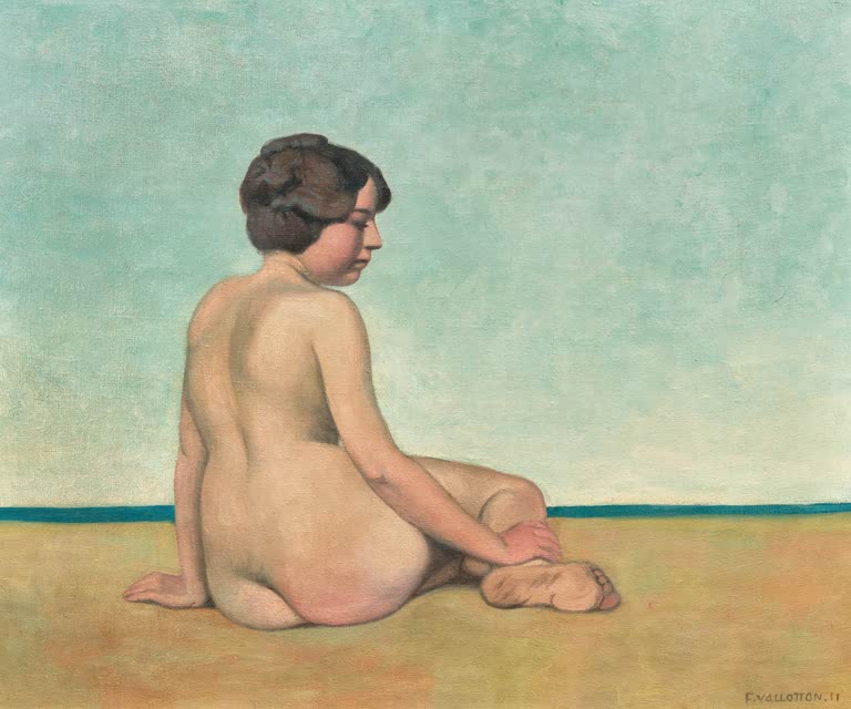 Félix Vallotton Kleine Badende auf dem Sand Kunstkopie, sitzende Frau im Rückenakt vor türkisfarbenem Himmel und Meer