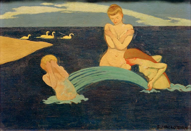 Félix Vallotton Kleine Badende mit Schwänen Kunstkopie, drei junge Frauen im nachtblauen Wasser
