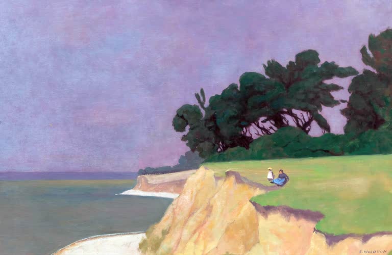 Félix Vallotton Klippe bei Vasouy Kunstkopie, zwei Figuren auf grüner Steilküste unter violettem Himmel am Meer