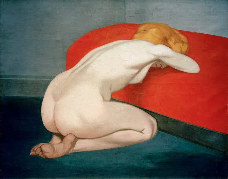 Félix Vallotton Kniender Akt vor rotem Sofa Kunstkopie, kauernde Frau im Rückenakt vor leuchtend rotem Polster