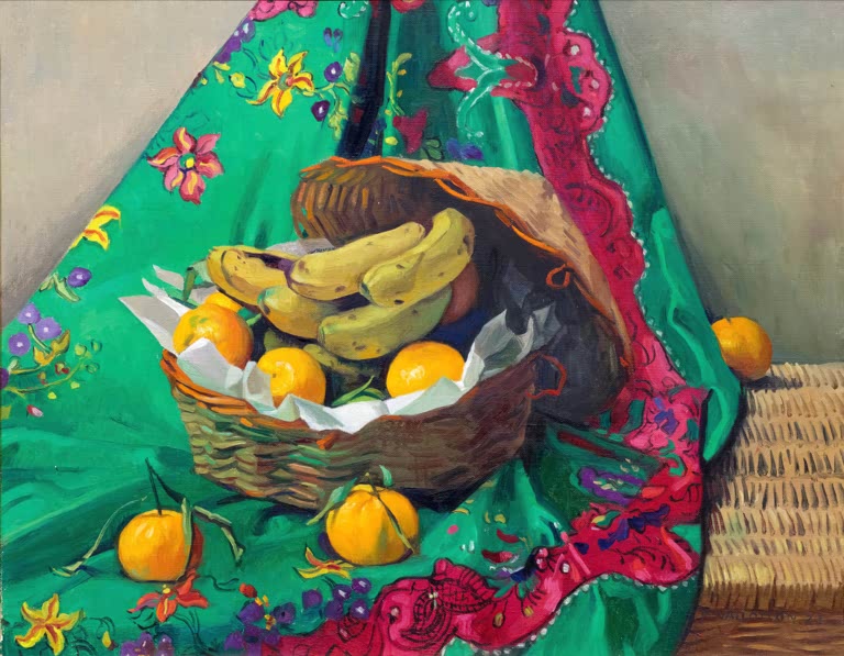 Félix Vallotton Korb mit Mandarinen und Bananen Kunstkopie, Früchtestillleben auf grünem Tuch mit roten Blumenmustern