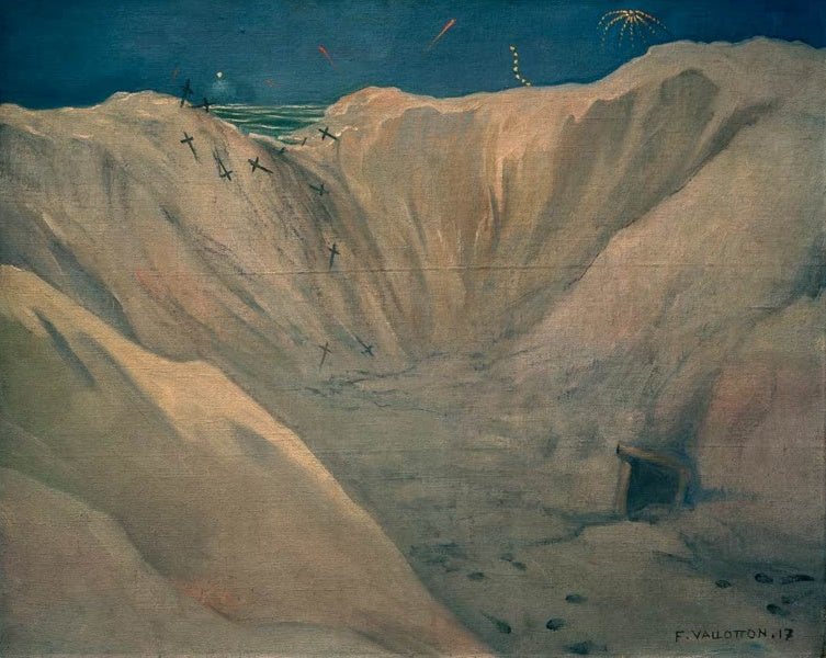 Félix Vallotton Krater bei Souain Kunstkopie, heller Bombenkrater mit Grabkreuzen unter nächtlichem Himmel mit Leuchtraketen