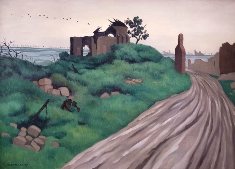 Félix Vallotton Kriegslandschaft mit Kirchenruine am Meer Kunstkopie, zerstörte Kirche am Weg
