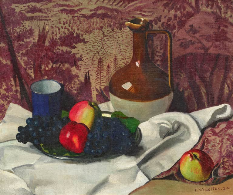 Félix Vallotton Krug, Trauben und Äpfel Kunstkopie, Stillleben mit brauner Kanne, blauem Becher und weißem Tuch