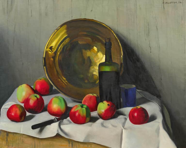 Félix Vallotton Kupferbecken und Äpfel Kunstkopie, Stillleben mit roten Äpfeln, Flasche und Messer auf weißem Tuch
