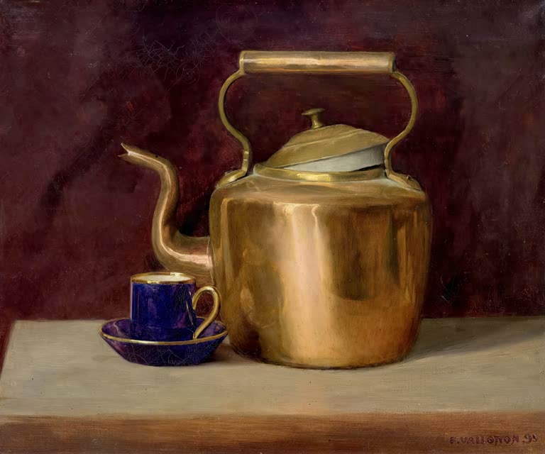 Félix Vallotton Kupferkessel mit blauer Tasse Kunstkopie, glänzender Wasserkessel neben blauer Tasse auf hellem Tisch