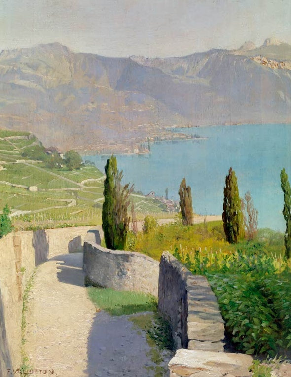 Félix Vallotton Landschaft am See von Chexbres Kunstkopie, Weg zwischen Mauern, Zypressen, Weinberge und blauer Genfersee