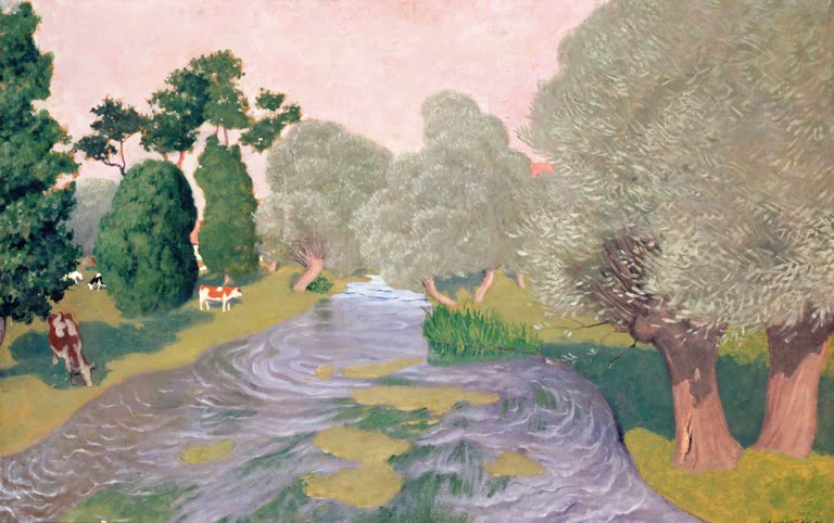 Félix Vallotton Landschaft bei Arques-la-Bataille Kunstkopie, Fluss mit Kühen und Weiden unter rosa Himmel