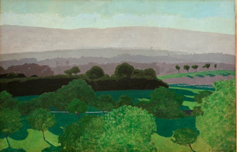 Félix Vallotton Landschaft bei Romanel Kunstkopie, grüne Baumkronen und dunstige Hügelketten im Waadtland