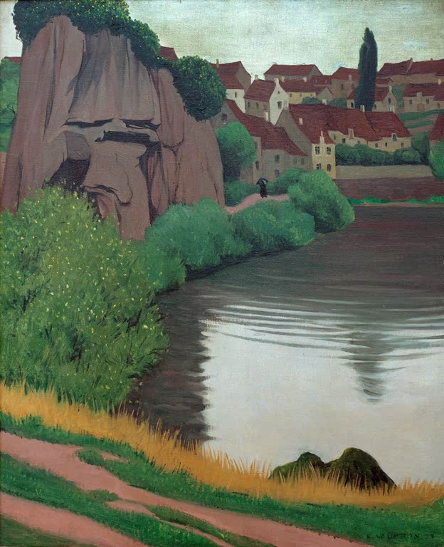 Félix Vallotton Landschaft bei Semur Kunstkopie, Flussufer mit rötlicher Felswand, grünem Gebüsch und Dorf im Hintergrund