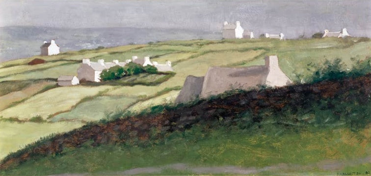 Félix Vallotton Landschaft der Bretagne Kunstkopie, grüne Wiesen mit verstreuten weißen Häusern unter grauem Horizont