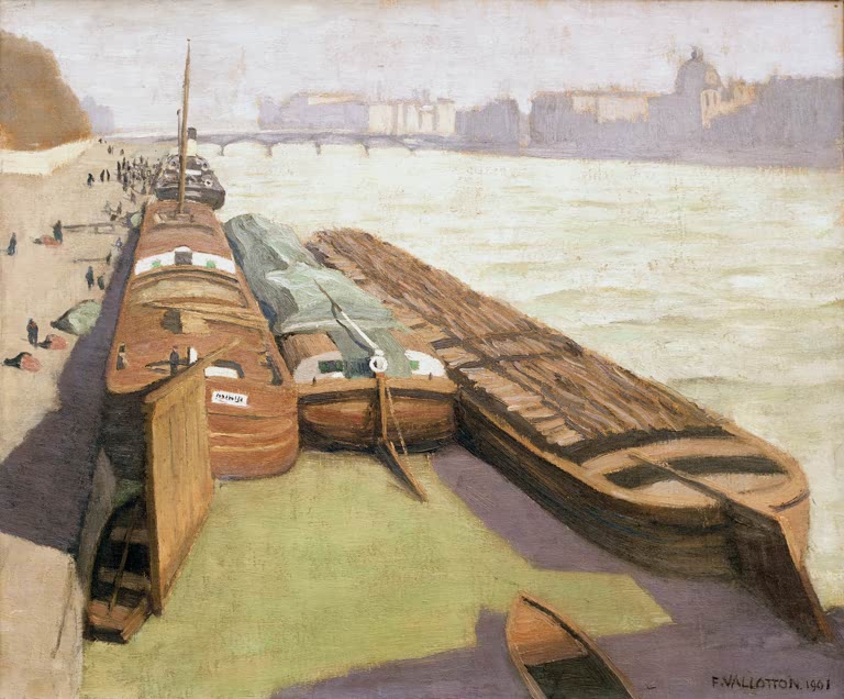 Félix Vallotton Lastkähne am Seine-Ufer Kunstkopie, drei vertäute Frachtkähne am sonnigen Quai mit Brücke und Stadtsilhouette