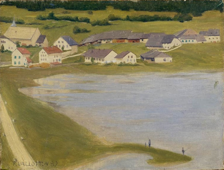 Félix Vallotton Les Charbonnières Kunstkopie, Dorf mit Häusern und Kirche über einem stillen See mit zwei Anglern am Ufer