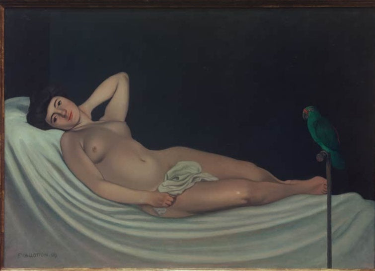 Félix Vallotton Liegende Frau mit Papagei Kunstkopie, ruhender Akt auf hellem Tuch neben grünem Vogel vor dunklem Grund