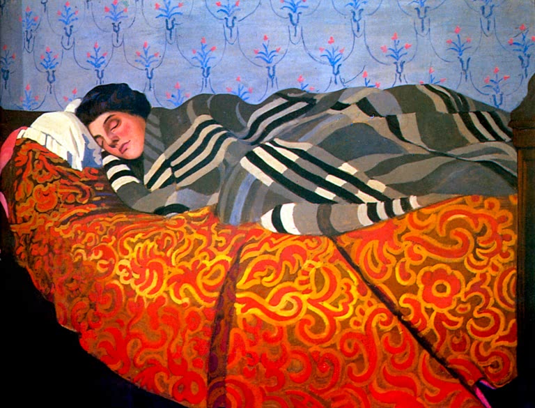 Félix Vallotton Liegende schlafende Frau Kunstkopie, Schlafende im gestreiften Gewand auf orangem Überwurf vor blauer Tapete