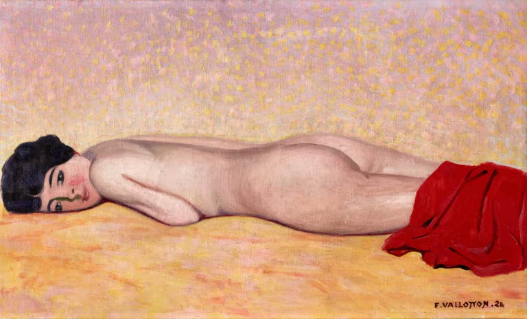 Félix Vallotton Liegender Akt Kunstkopie, ruhende Frau mit dunklem Haar auf gelbem Grund vor rosa gesprenkeltem Hintergrund