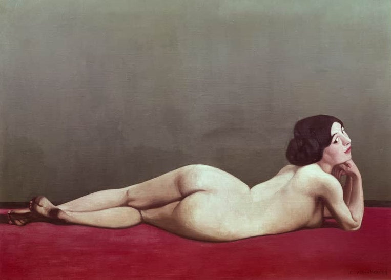 Félix Vallotton Liegender Akt auf rotem Teppich Kunstkopie, Rückenakt mit über die Schulter gewandtem Blick vor grauem Grund