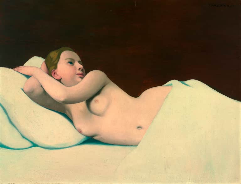 Félix Vallotton Liegender Akt auf weißem Laken Kunstkopie, ruhende junge Frau auf Kissen vor dunkelbraunem Hintergrund
