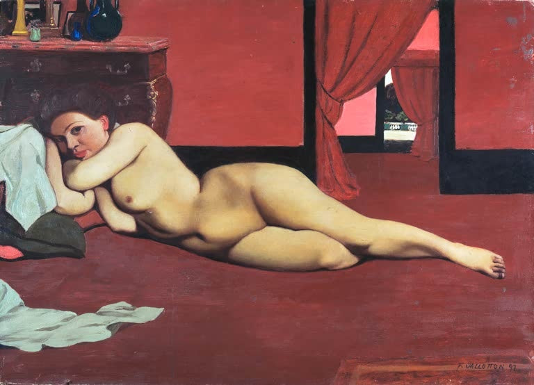 Félix Vallotton Akt im roten Salon Kunstkopie, liegende Frau auf rotem Teppich vor roter Wand mit Vorhang und Kommode