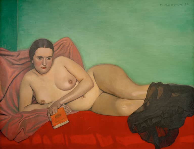 Félix Vallotton Liegender Akt mit Buch Kunstkopie, ruhender Frauenakt mit orangefarbenem Buch auf rotem Sofa vor grüner Wand