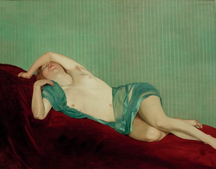 Félix Vallotton Liegender Akt mit grünem Seidenschal Kunstkopie, ruhende Frau auf rotem Samt vor grünem Streifengrund