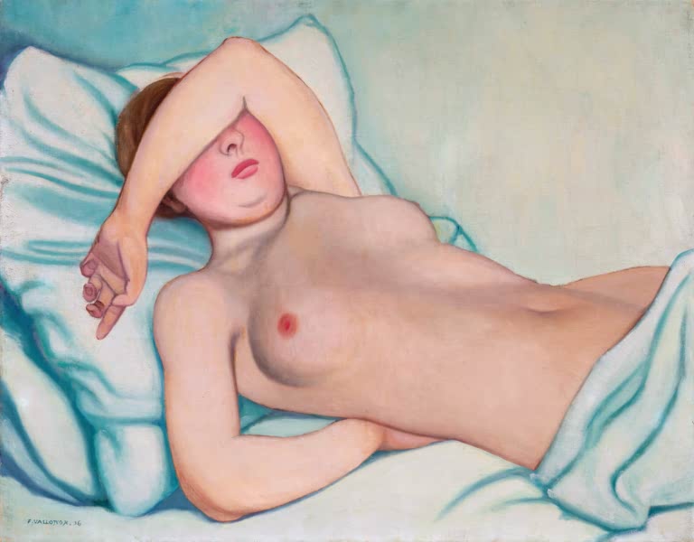 Félix Vallotton Liegender Akt mit verdecktem Gesicht Kunstkopie, ruhende Frau auf hellen türkis schattierten Kissen