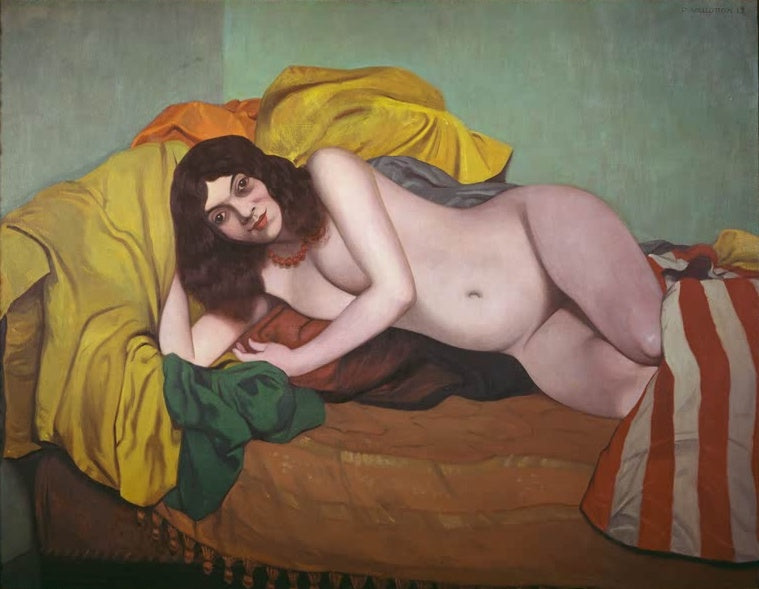 Félix Vallotton Luxuria Kunstkopie, liegender weiblicher Akt mit Korallenkette auf gelbem Tuch vor grünlichem Hintergrund