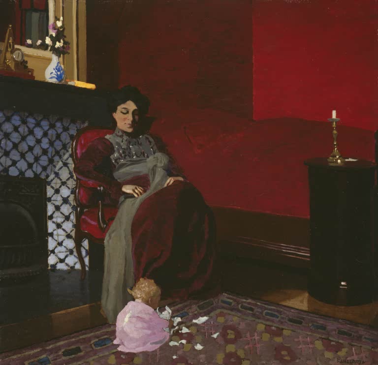 Félix Vallotton Madame Vallotton und ihre Nichte Kunstkopie, Frau im Sessel vor roter Wand, Kind auf gemustertem Teppich