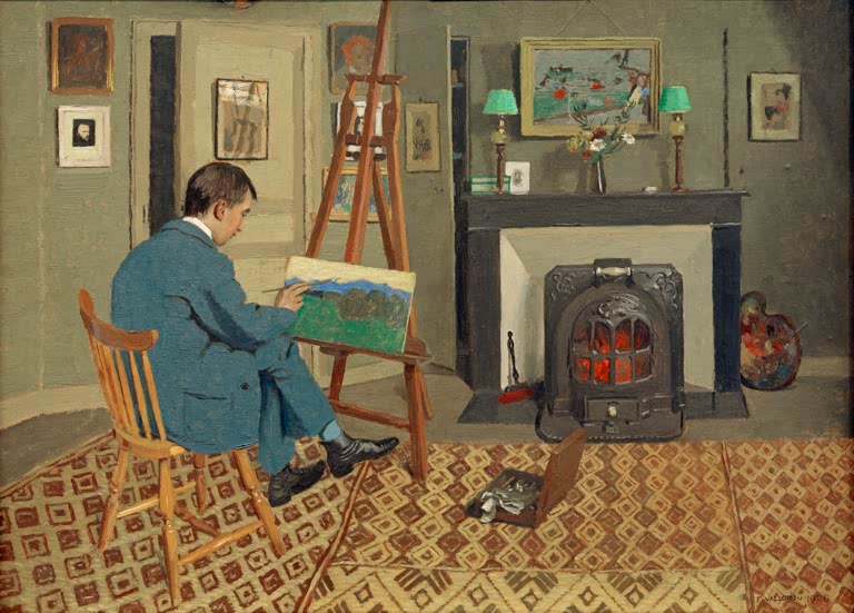 Félix Vallotton Max im Atelier Kunstkopie, junger Mann malt an einer Staffelei neben einem Ofen im grünlichen Atelierraum