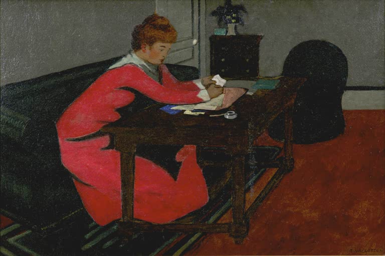 Félix Vallotton Misia am Schreibtisch Kunstkopie, Frau im roten Kleid beim Schreiben an dunklem Tisch auf rotem Boden