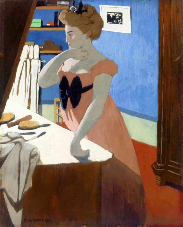 Félix Vallotton Misia an ihrem Frisiertisch Kunstkopie, junge Frau im rosa Kleid vor blauer Wand mit Bürsten und Tüchern