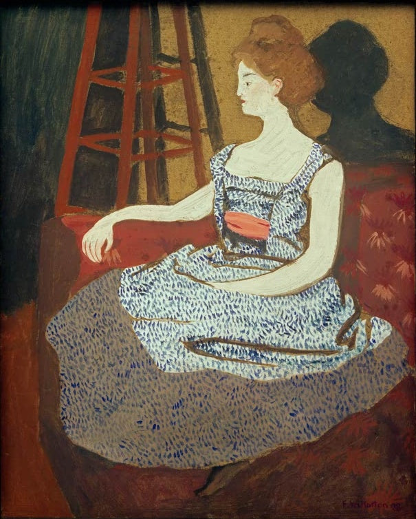 Félix Vallotton Misia Godebska-Natanson Kunstkopie, sitzende Frau im blau gemusterten Kleid auf rotem Sofa mit Schatten