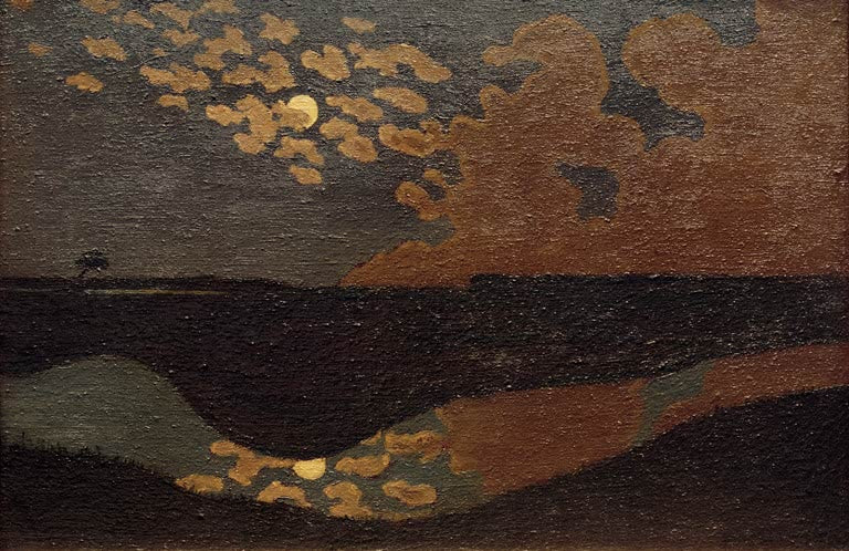 Félix Vallotton Mondlicht Kunstkopie, goldene Wolken und Vollmond über dunkler Küste, gespiegelt im Wasser der Bucht