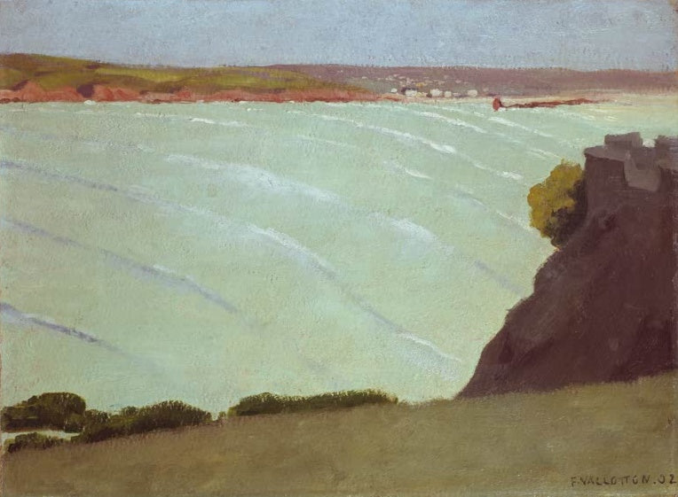 Félix Vallotton Mündung der Seine Kunstkopie, blassgrünes Wasser mit weißen Wellenlinien und dunkler Felsen rechts