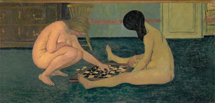 Félix Vallotton Nackte Frauen beim Damespiel Kunstkopie, zwei Frauen sitzen spielend auf grünem Teppich im Zimmer