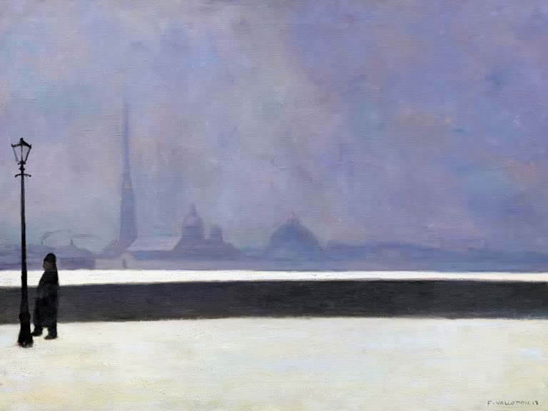 Félix Vallotton Newakai im Nebel Kunstkopie, einsamer Passant an einer Laterne vor verschneiter Uferpromenade und Kuppeln