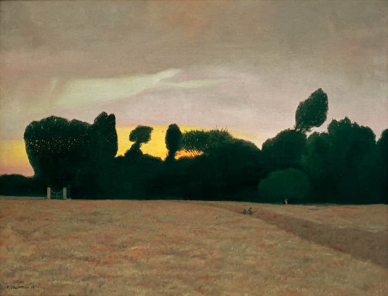 Félix Vallotton Landschaft in der Normandie Kunstkopie, dunkle Baumsilhouetten vor gelbem Abendhimmel über einem Feld
