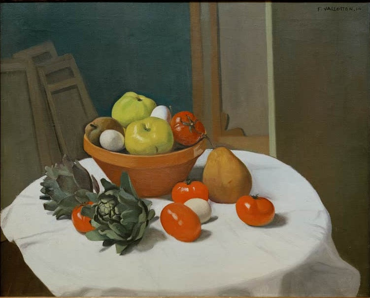 Félix Vallotton Obst und Gemüse Kunstkopie, Tomaten, Äpfel, Birne und Artischocken auf einem runden Tisch mit weißem Tuch