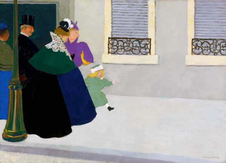 Félix Vallotton Passanten auf dem Bürgersteig Kunstkopie, Paar mit Kind und Herr im Zylinder an Straßenlaterne